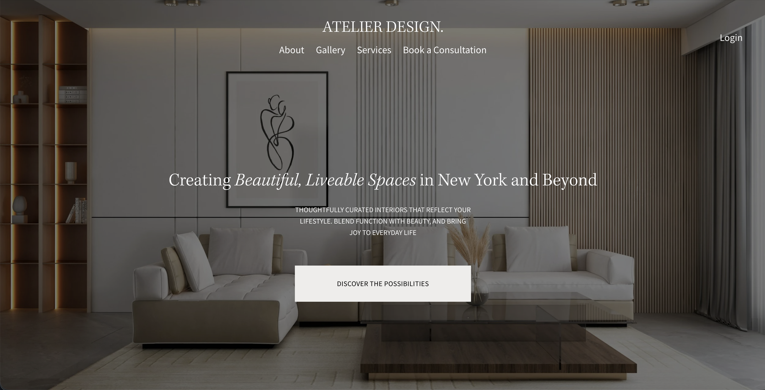 Modern living room with light-colored furniture, a coffee table, and a framed abstract line drawing on the wall, with vertical wooden slats and curtains on the right side, and the website menu overlaid.
