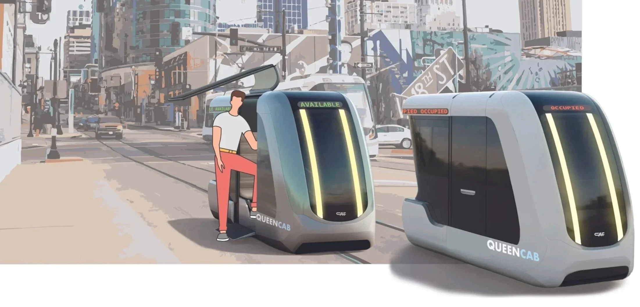 Illustration of two modern autonomous electric cabs labeled 'Queen Cab' on a city street. One cab shows 'Available' status, the other 'Occupied'. A person interacts with the cab labeled 'Available'. High-rise buildings and city traffic are in the background.