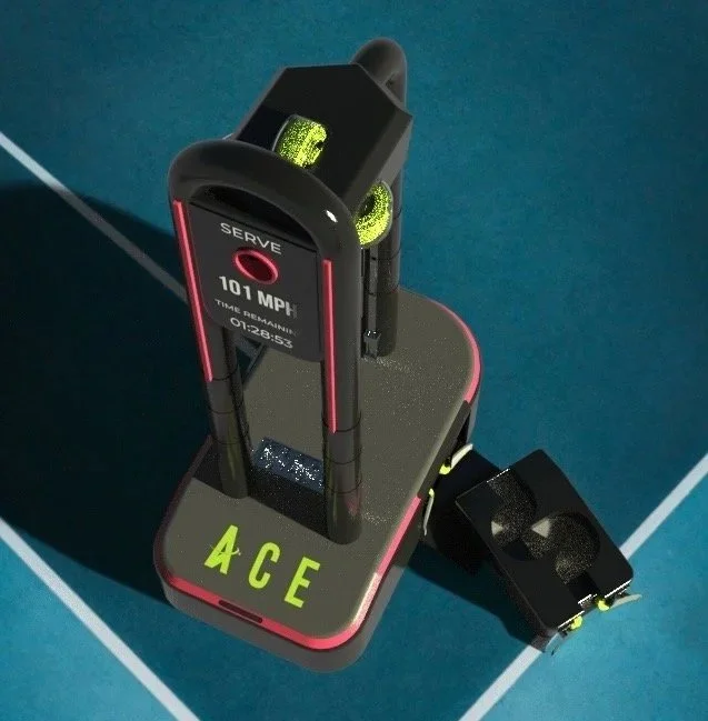 A mini tennis ball launcher device with a digital screen displaying "101 MPH" and "TIME REMAINING 01:28:53", situated on a blue tennis court with the word "ACE" in green letters on the base.