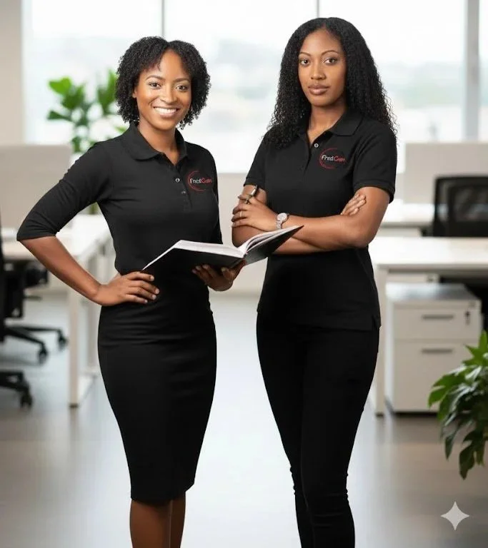 Two women standing in an office, wearing black polo shirts with a logo, one smiling holding a notebook, the other with arms crossed looking serious.