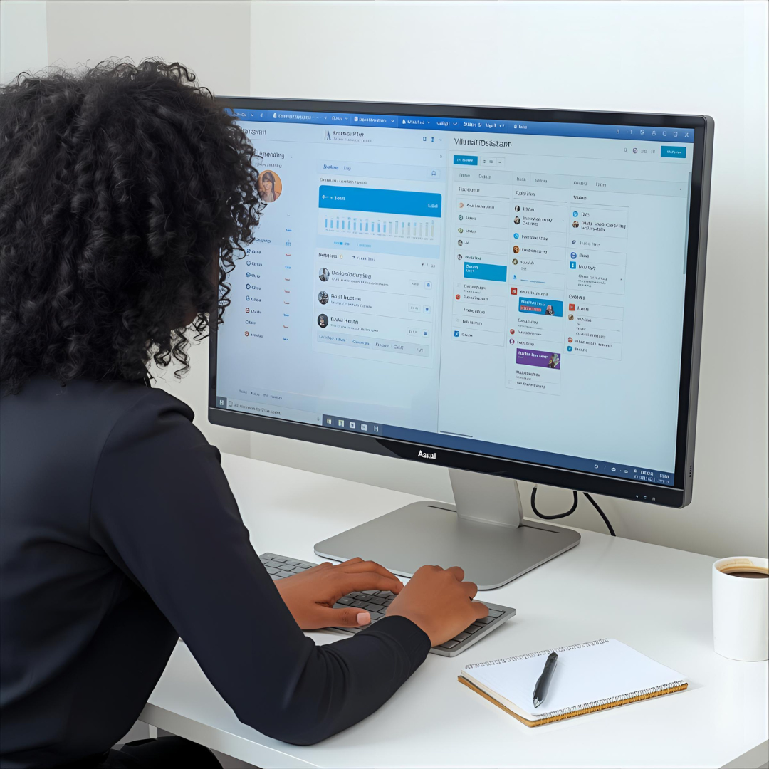 Modern home office with a wooden desk, a computer, black lamp, green plants, and decorative shelves against a gray wall with framed leaf prints.