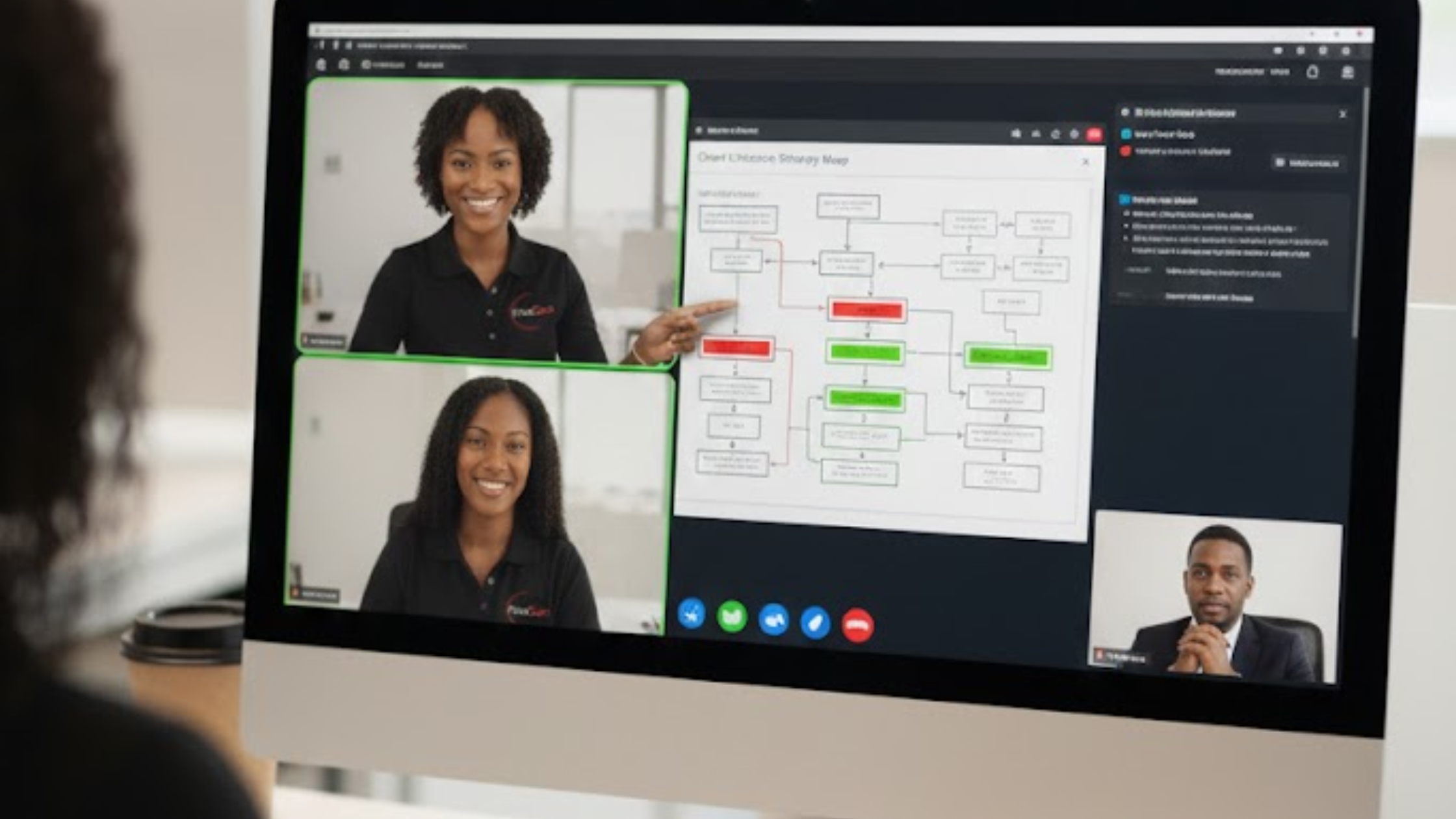 People on a video call discussing a flowchart on a computer screen.