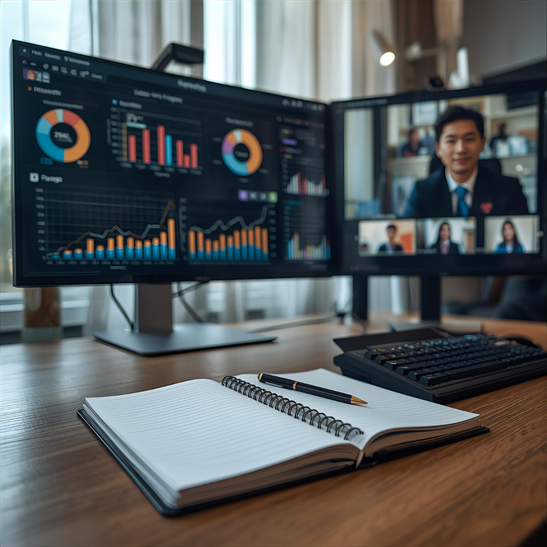 Modern home office with wooden panel wall, desk, chair, computer, plants, and floating shelves.