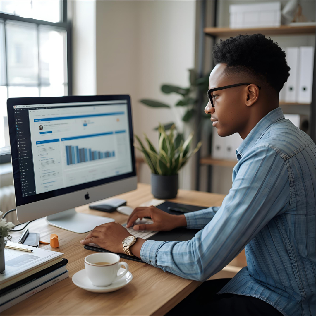 A person working at a desk, using a computer monitor displaying graphs and data, with a cup of coffee, notebooks, and office supplies on the desk, in a bright office space.