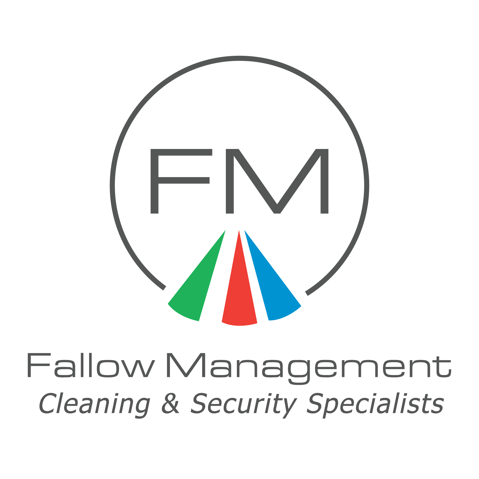 Logo with the text "F M" inside a circle, above colorful triangular shapes pointing downward, with the text "Fallow Management" and "Cleaning & Security Specialists" below.