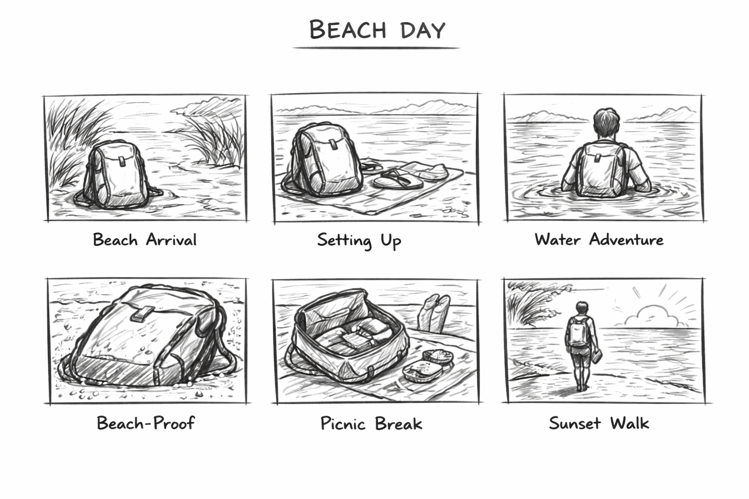 Sketch of a beach day with six scenes: 1) a backpack at beach arrival, 2) backpack and flip flops on the sand, 3) a person swimming in water, 4) backpack on the beach, 5) contents of a picnic including a lunchbox and glasses, 6) person walking along the beach at sunset.