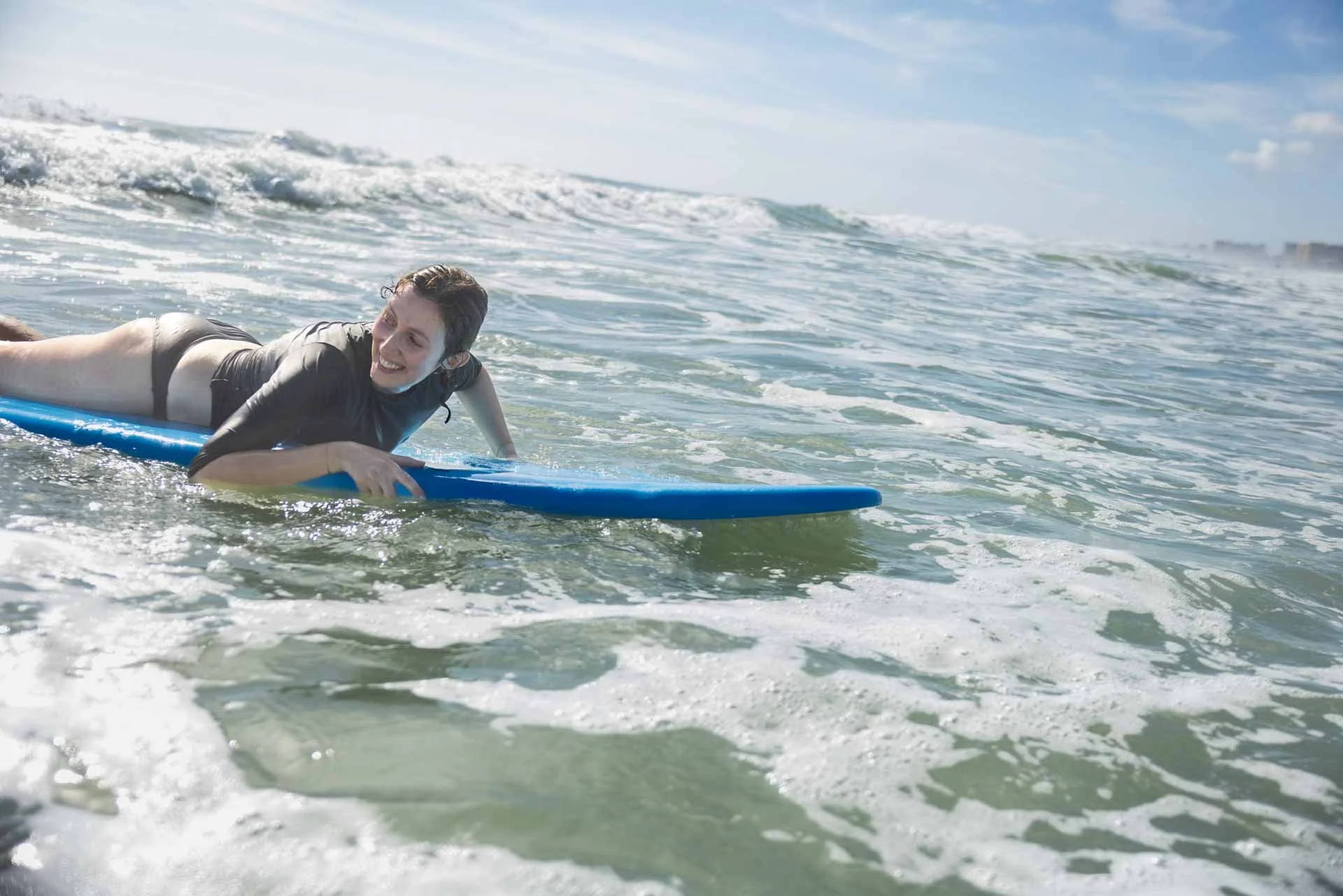 Person smiling and lying on a surfboard in the ocean, wearing a wetsuit, with waves and a partly cloudy sky in the background.