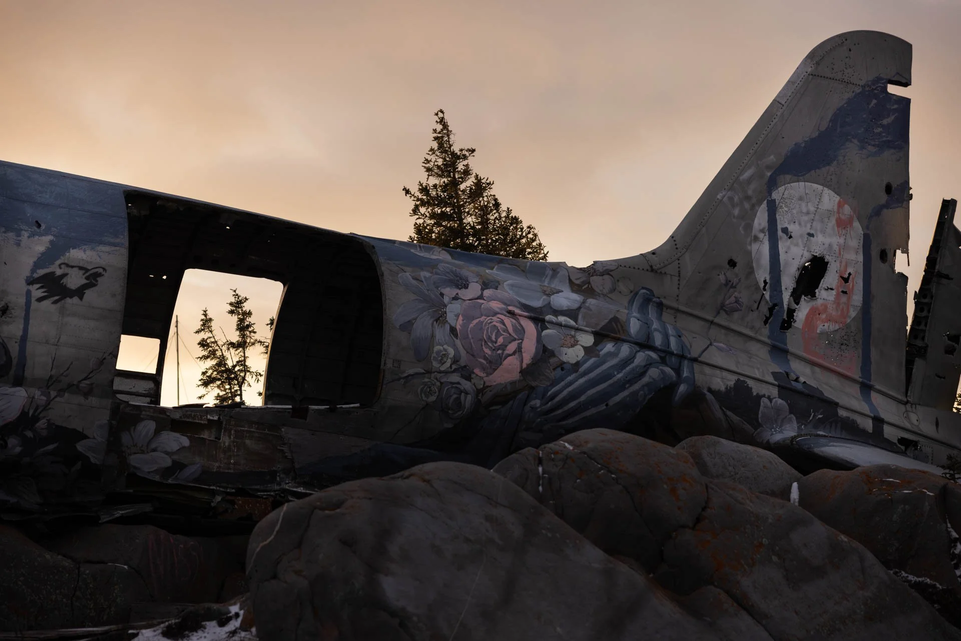 Abandoned airplane wreckage with painted floral mural, resting on rocks with a sunset sky in the background.