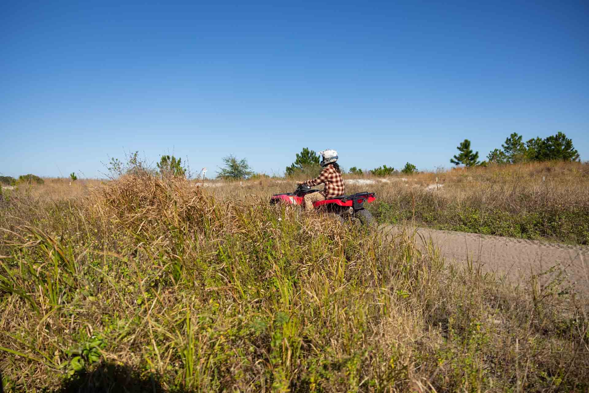 Person riding a red quad bike through tall grass and small bushes in a field on a clear, sunny day.
