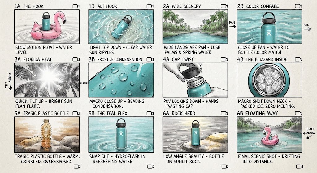 A series of illustrations showing the steps to pack a hydroflask for a sunny day at the beach. Includes a float in water, hydroflask with water ripples, landscape of palms, matching cap and bottle, bright sun, condensation on bottle, hands twisting cap, inside view of bottle with ice, plastic bottle, hydroflask with water, on a rock, and floating swan in water.