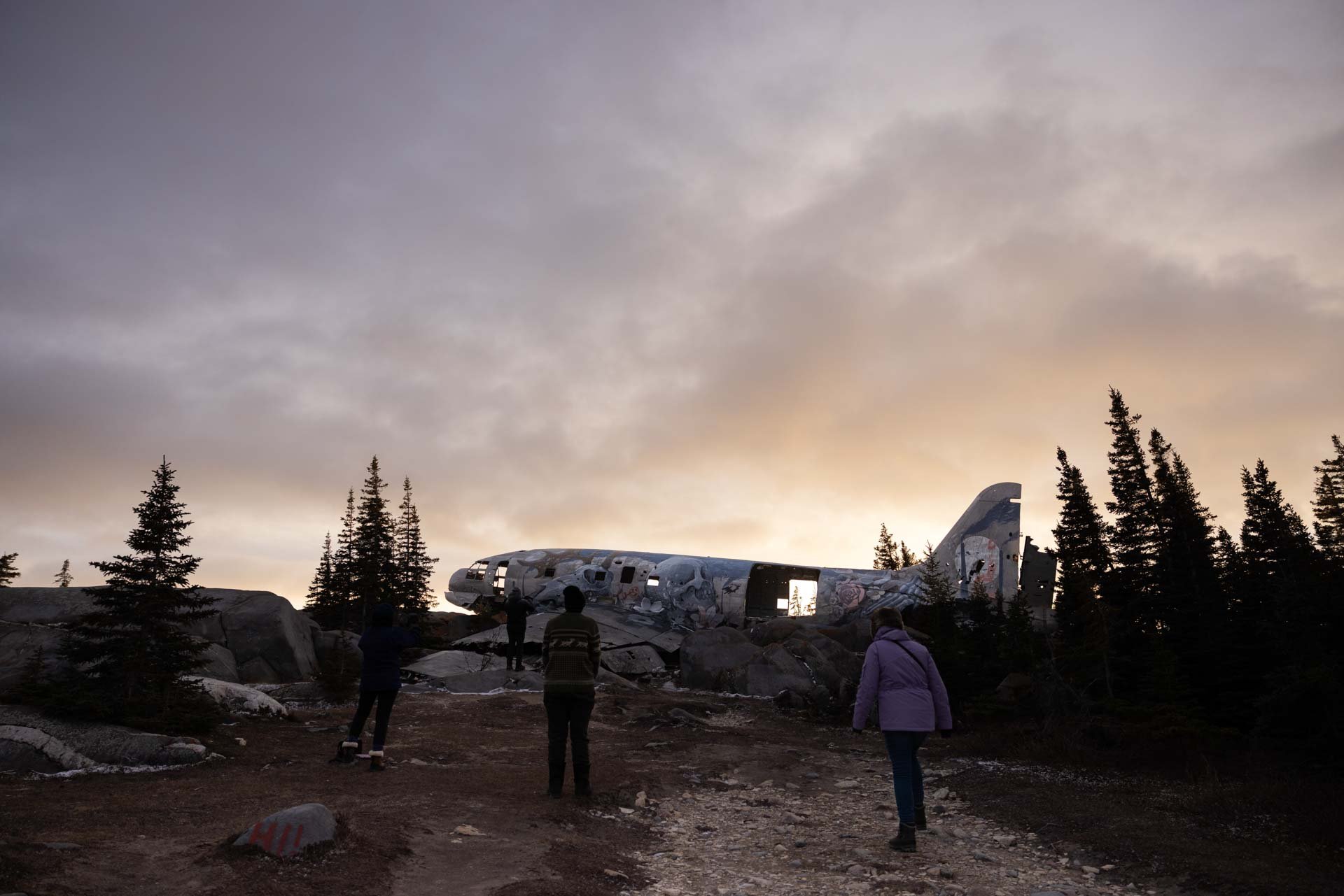 People standing near a crashed airplane on a rocky terrain surrounded by trees at sunset.