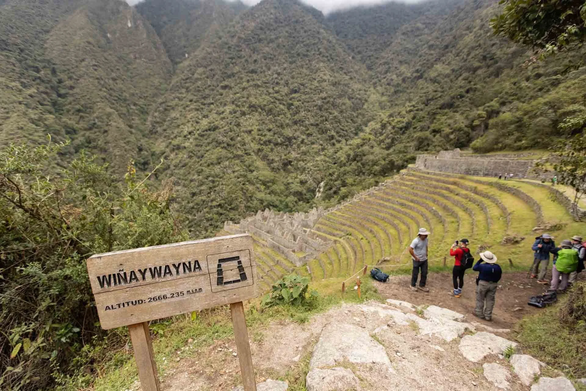 Tourists at Machu Picchu's Winay Wayna site, surrounded by terraced fields and lush green mountains in Peru.