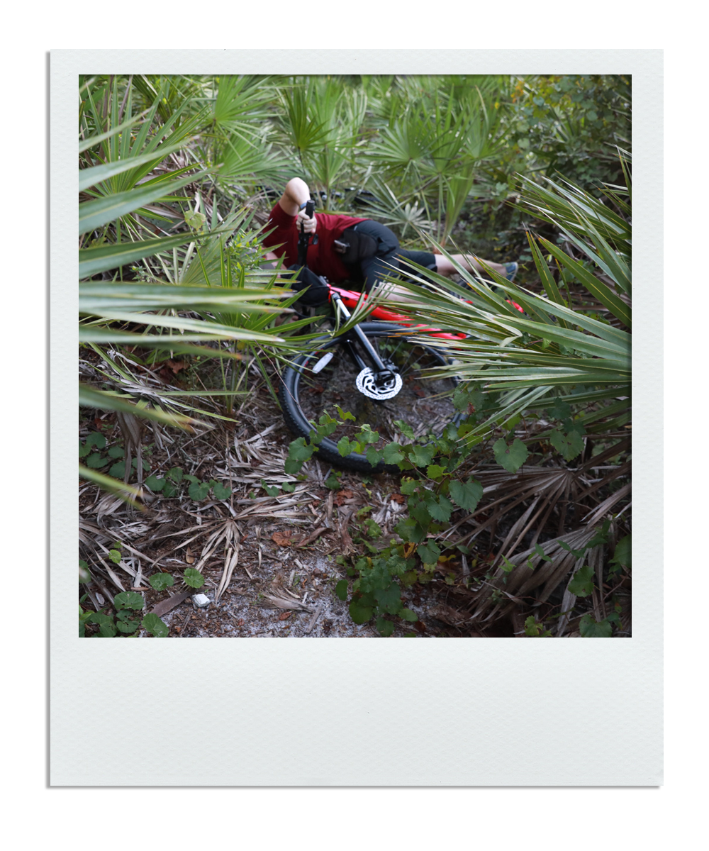 A person in red and black gear lying on the trail after falling off a mountain bike in a dense, green, jungle-like area.