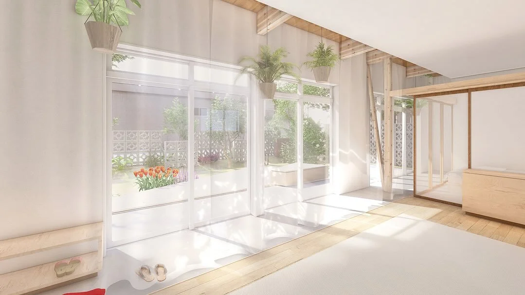 Project | 延岡Y邸改修【進行中】
築30年の木造住宅にリノベーションで生活のHub（結節点）を作る。　
横長の広い庭に面したリビングと寝室をつなぎ、「Outdoor Hub」と呼ぶ、半屋外の土間空間を挿入することで、庭との距離を&ldquo;ぐっ&rdquo;と縮めるような空間構成とした。この家は、庭好きの建築主ご夫婦と子供4人、その家族を合わせ、最大14人が集う場。視線と動線が交わるHubは、庭の光や風を取り込みながら、人と人を結び、世代を超えたつながりをやわらかく包み込む結節点とな