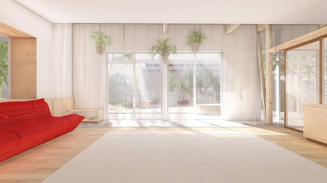 Project | 延岡Y邸改修【進行中】
築30年の木造住宅にリノベーションで生活のHub（結節点）を作る。

Outdoor Hub──庭と室内のあいだに浮かぶ、柔らかな&ldquo;余白&rdquo;。
ここは、靴を脱いでも履いてもいい、内でも外でもない場所。
庭の緑を間近に感じながら、光がレース越しに床をなぞり、風がカーテンを揺らす。

この〈Outdoor Hub〉を包むのは、軽やかな透過カーテン。
閉じればそこは中間空気層となり、冬の冷気や夏の直射をやわらげ、リビングの熱環境と光環境