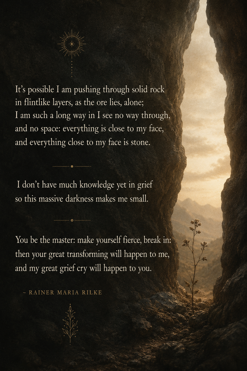 A poetic quote by Rainer Maria Rilke overlaid on a photo of a narrow crevice between two dark rocks with a small plant growing at the bottom, sunlight illuminating the distant mountains and cloudy sky.