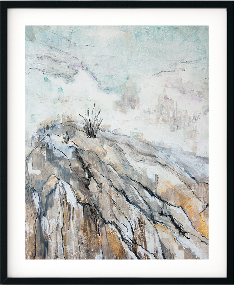 Watercolor painting of a rocky hillside with sparse vegetation and a cloudy sky.