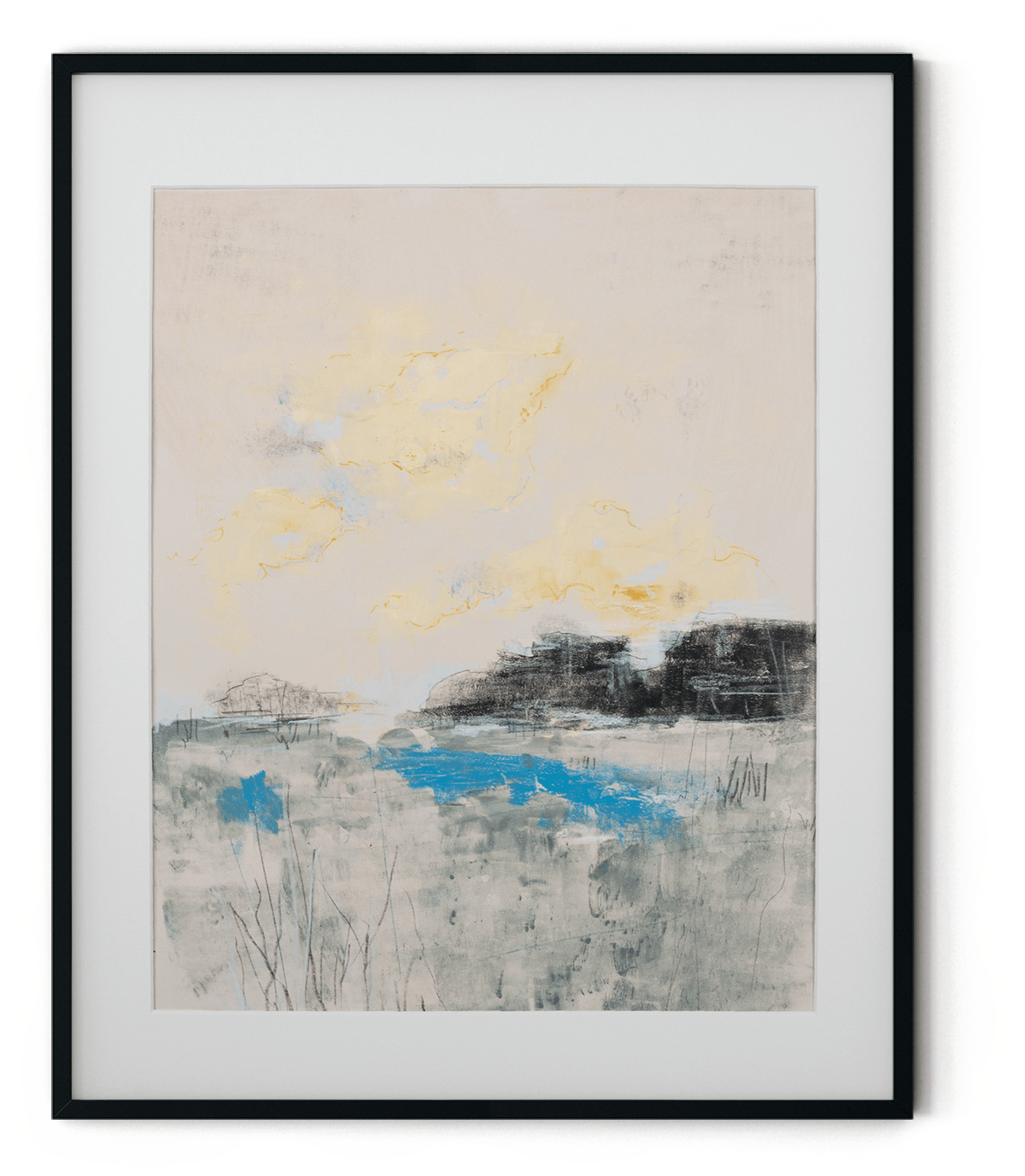 Semi-realistic landscape painting in a black frame