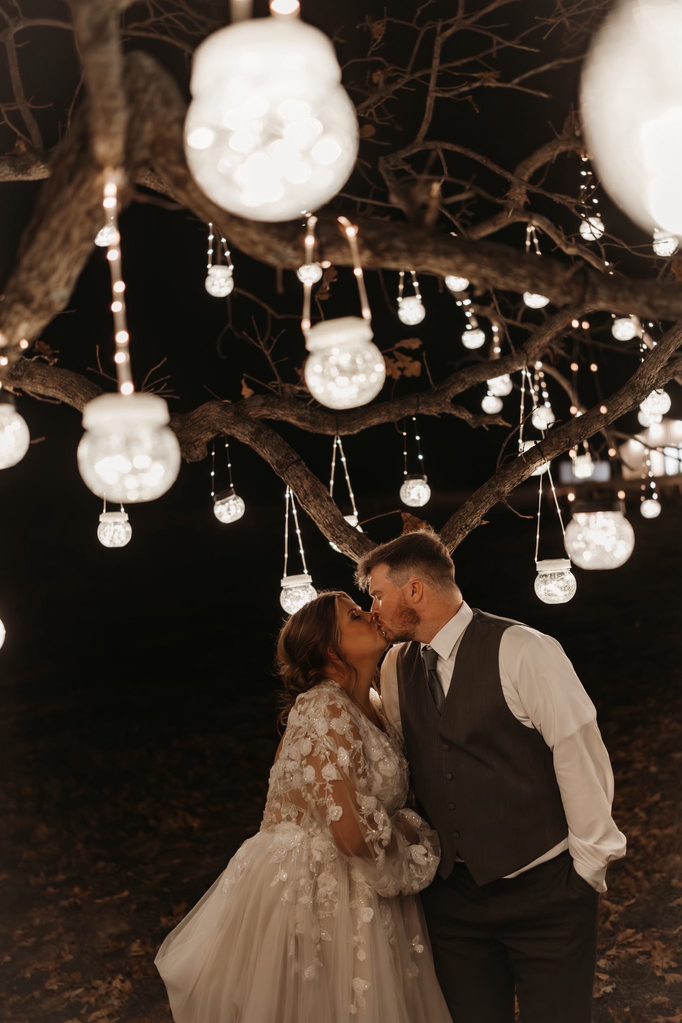 couple under romantic tree with lanterns fairytale idea for fall wedding at Berkshire Ridge Shelby Sommer Photography.jpg
