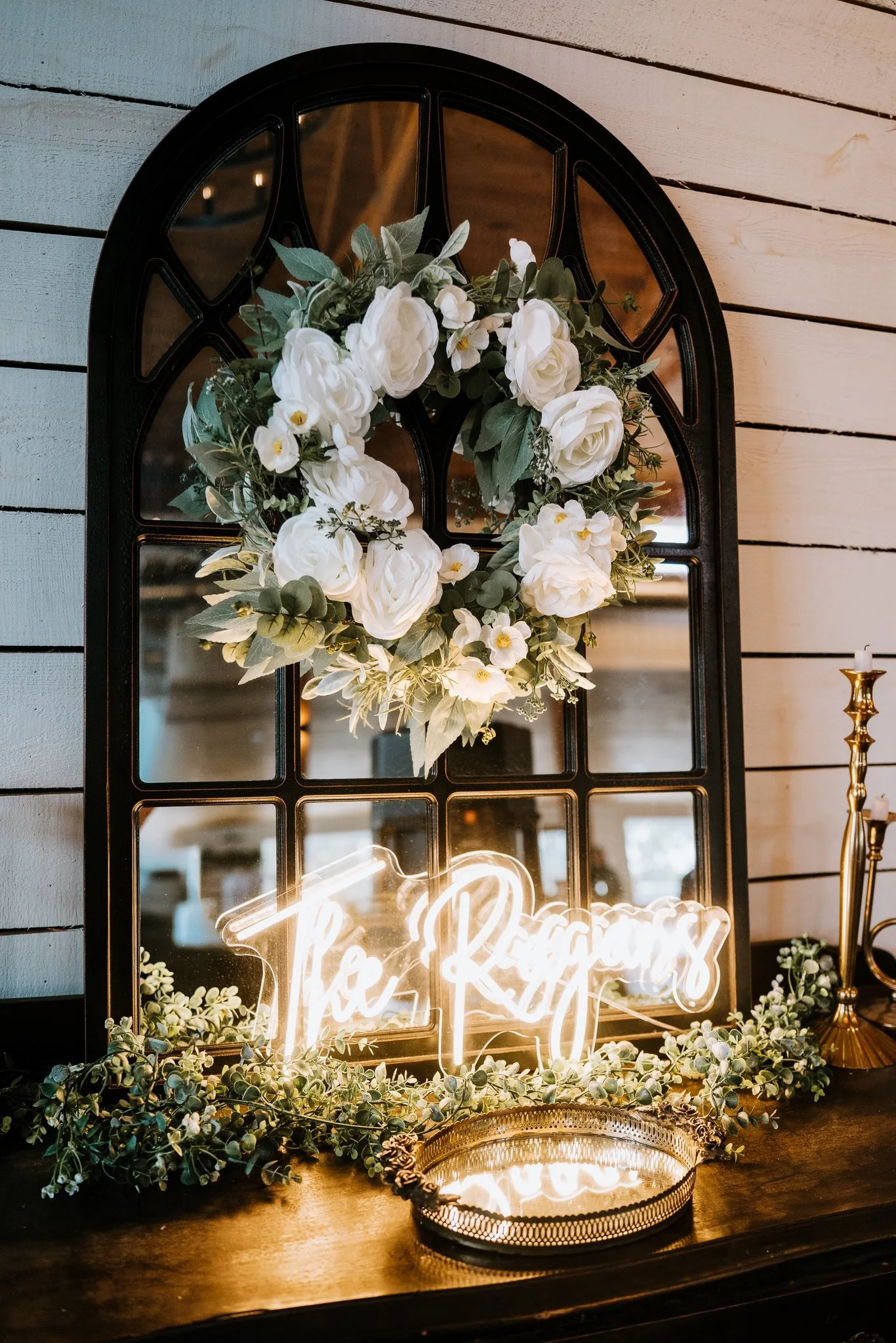 gorgeous mirror with light up name sign for wedding at Berkshire Ridge Wedding Venue St. Louis mo JCN Photography.jpg