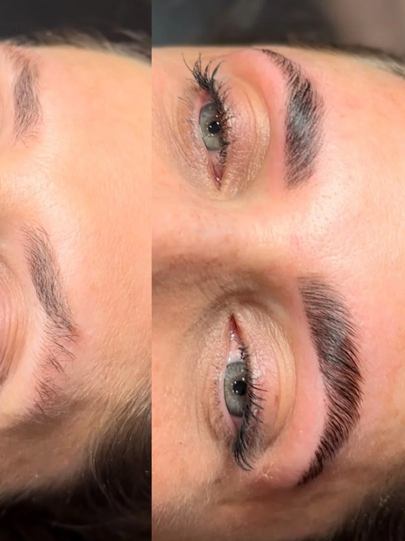 Before and after eyebrow transformation showing thicker, well-defined brows.