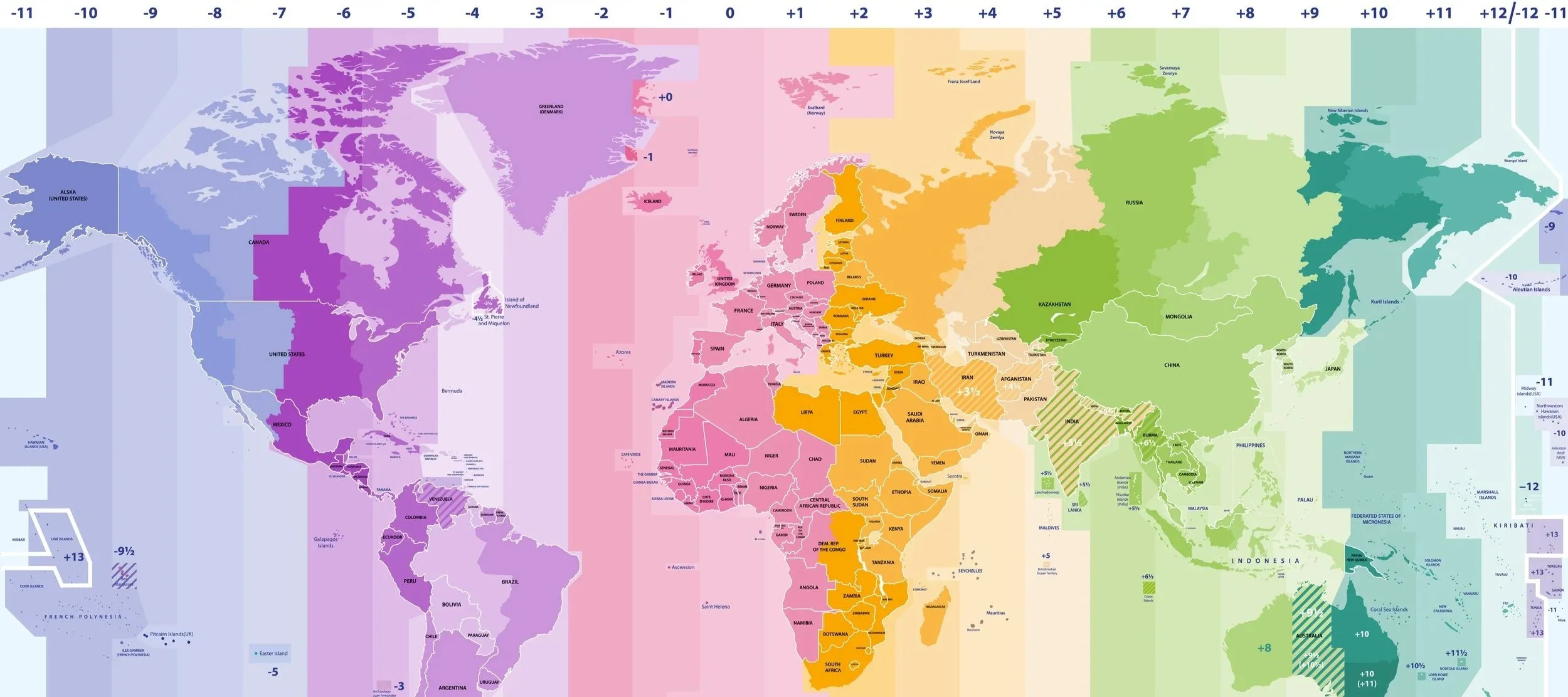 Time zone map that is color coded as a rainbow
