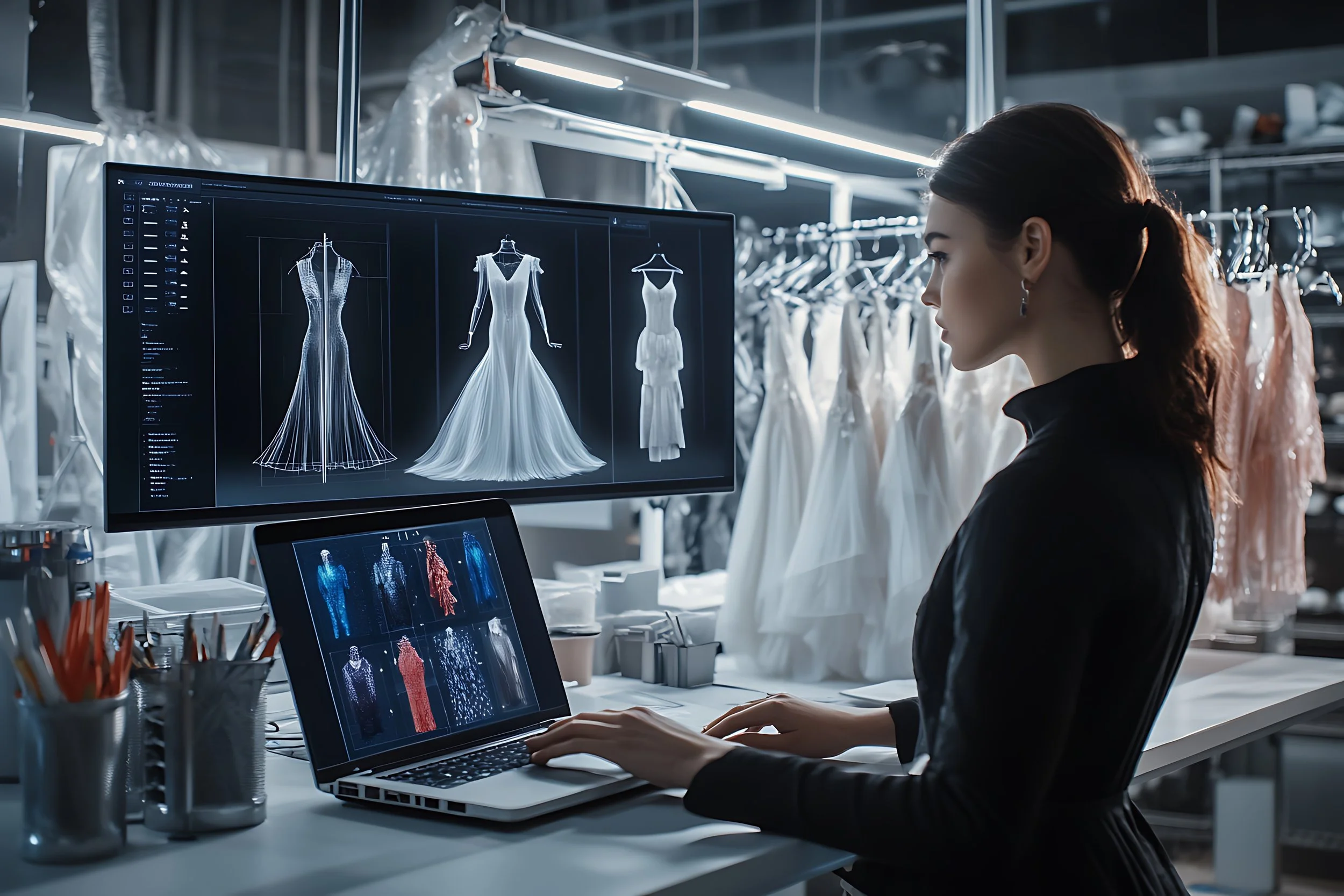 a business lady and designer working in her factory on the computer sketching dresses