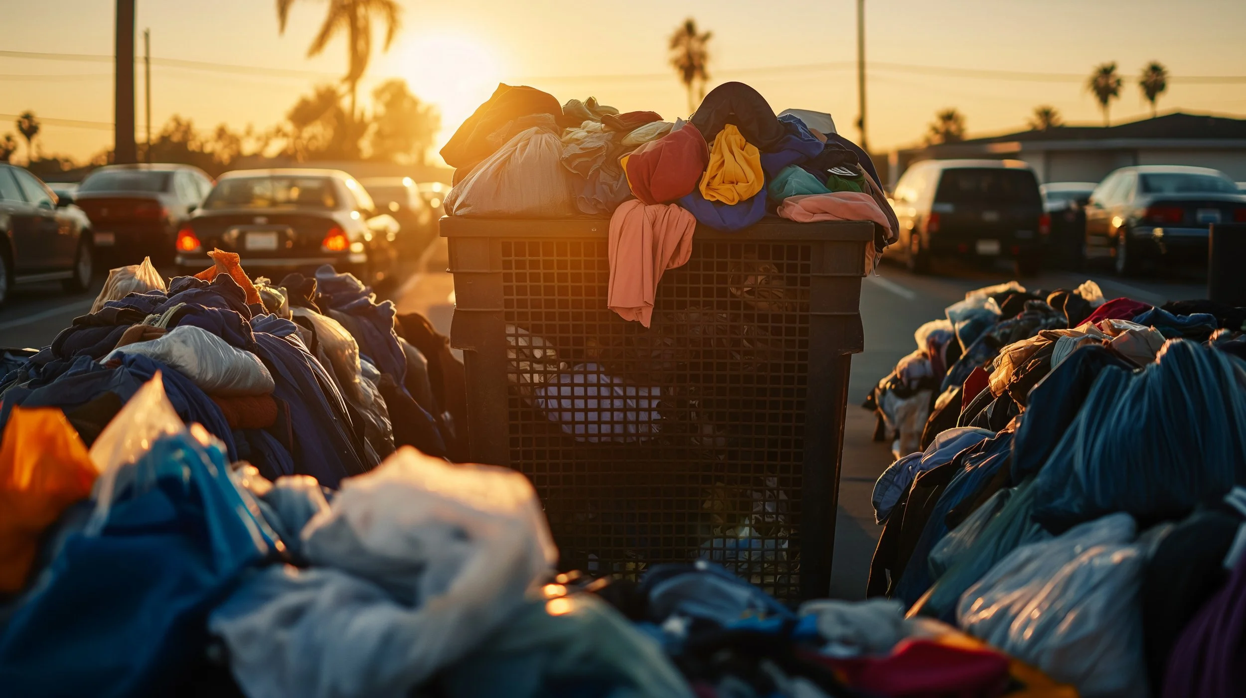 Piles of clothes in a parking lot