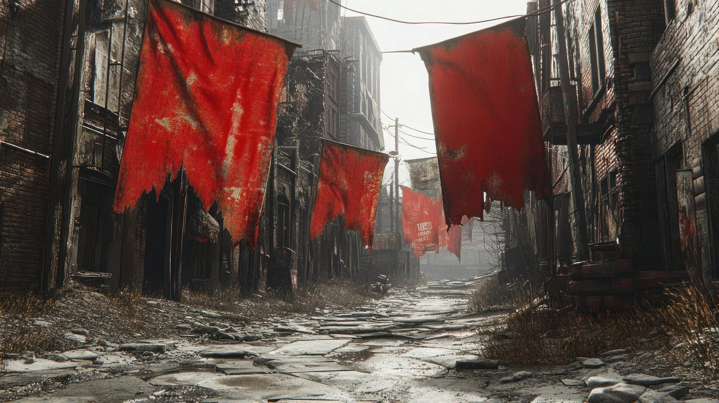 Red flags hanging from abandoned apartment building in a post apocalyptic scene