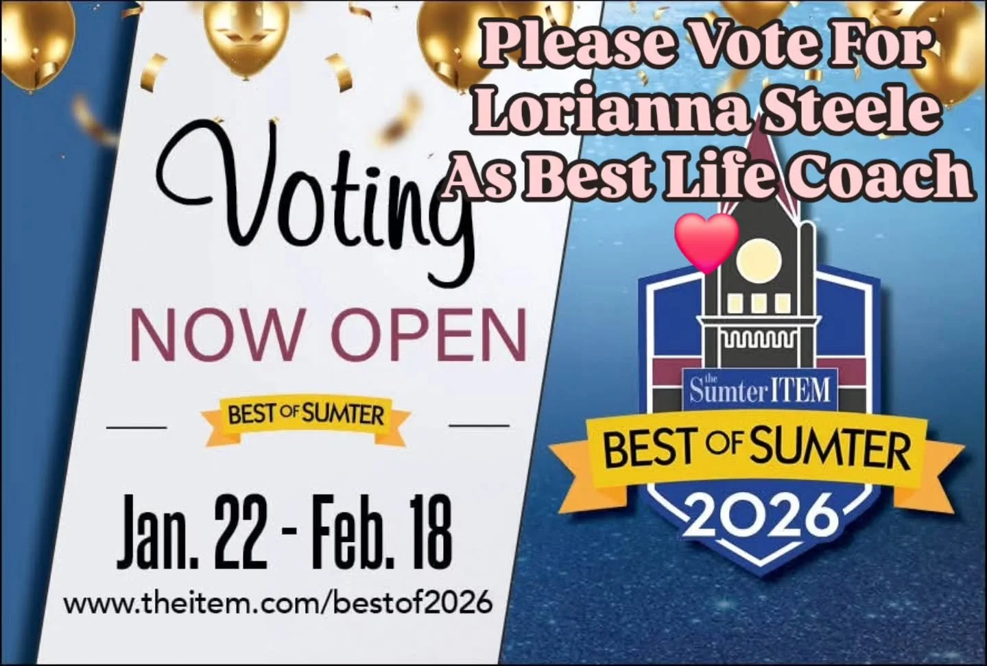 After 8 years of coaching, this is my first year being nominated as Best Life Coach - your daily vote would mean the world to me 💞💝🙏❤️

Leave a comment! How has my coaching or support helped you?

Thank you for your support!

❤️❤️

#bestofsumter #