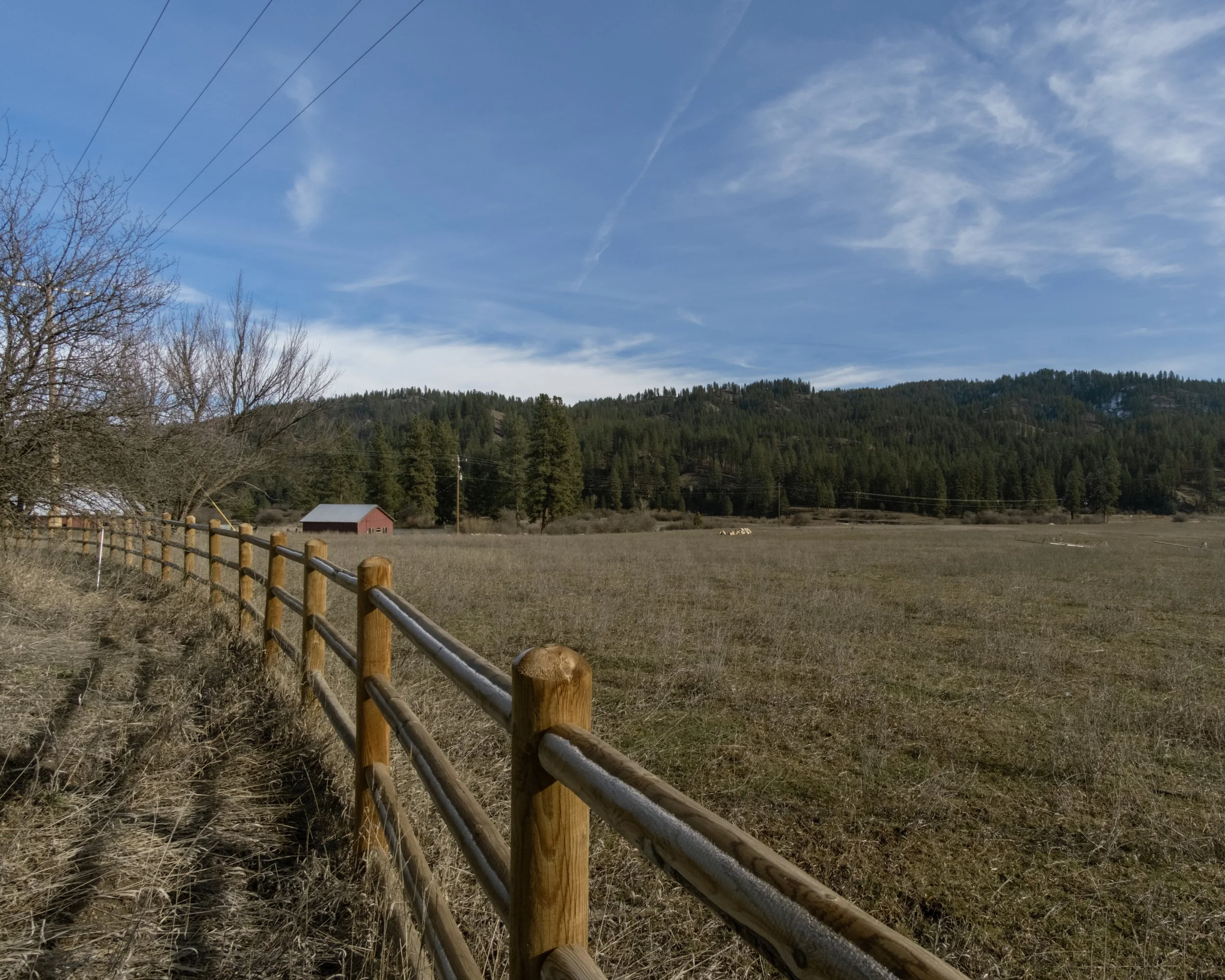 Open grassy field with a wooden fence running along the left side, a small red barn and a forested hill in the background, and a partly cloudy blue sky.