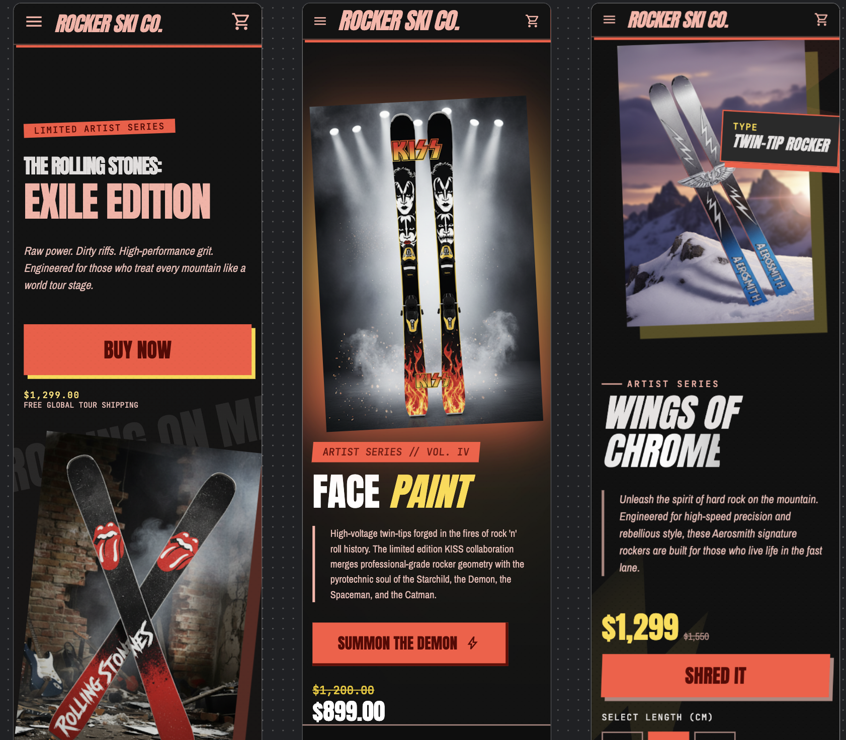 Screenshots of a mobile shopping website for Rocker Ski Co. featuring limited edition skate skis, with images of skis, a pair of skis labeled 'KISS,' and another pair labeled 'Twin-tip rocker,' including product descriptions, prices, and purchase buttons.