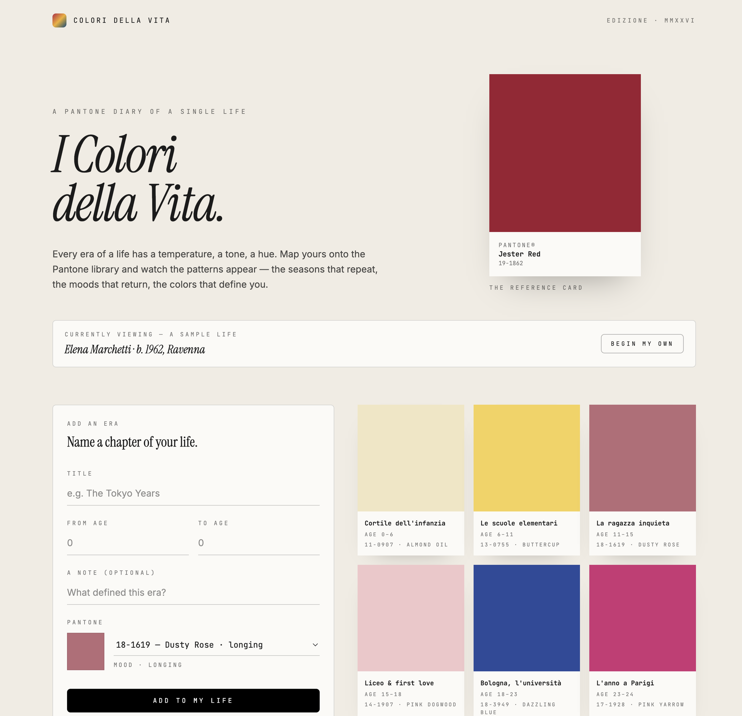 A webpage about colors of life with a title "I Colori della Vita" and a sample color palette featuring a red color named Jester Red with its details, along with various sections discussing seasons, moods, and personal life chapters.