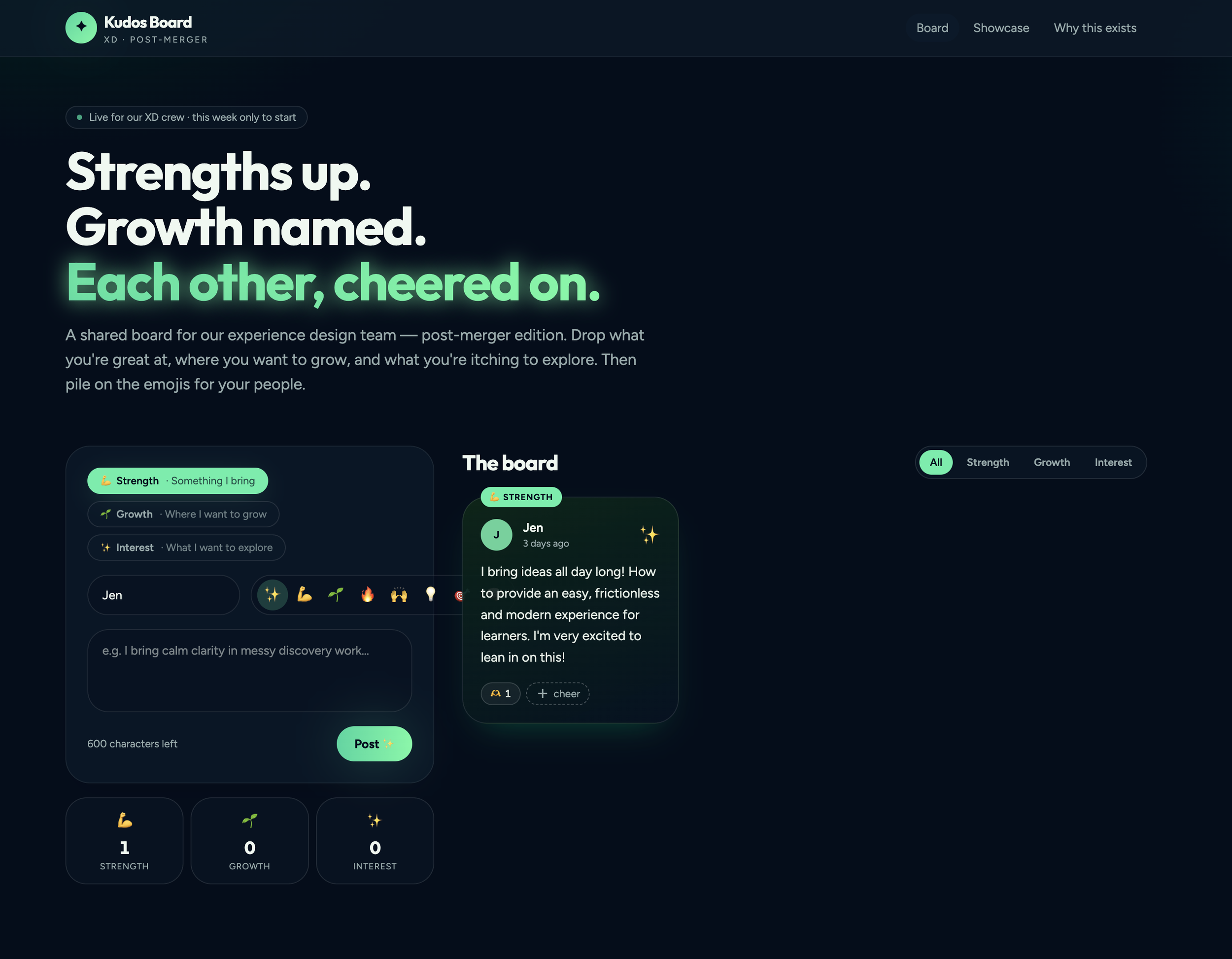 Screenshot of a webpage with a dark theme titled 'Kudos Board' and the subtitle 'Strengths up. Growth named. Each other, cheered on.' The webpage contains a shared digital board for team members to post messages of encouragement and feedback, with text and emoji comments visible, including a message from a person named Jen.