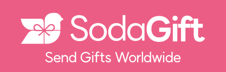 SodaGift logo with gift box icon and tagline 'Send Gifts Worldwide' on pink background.