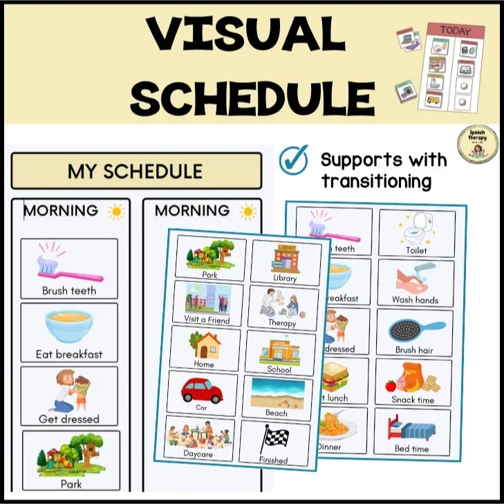 A visual schedule chart showing daily activities with pictures and labels, including items like brushing teeth, eating breakfast, going to the park, library, visiting a friend, therapy, home, school, car, beach, daycare, and finished.