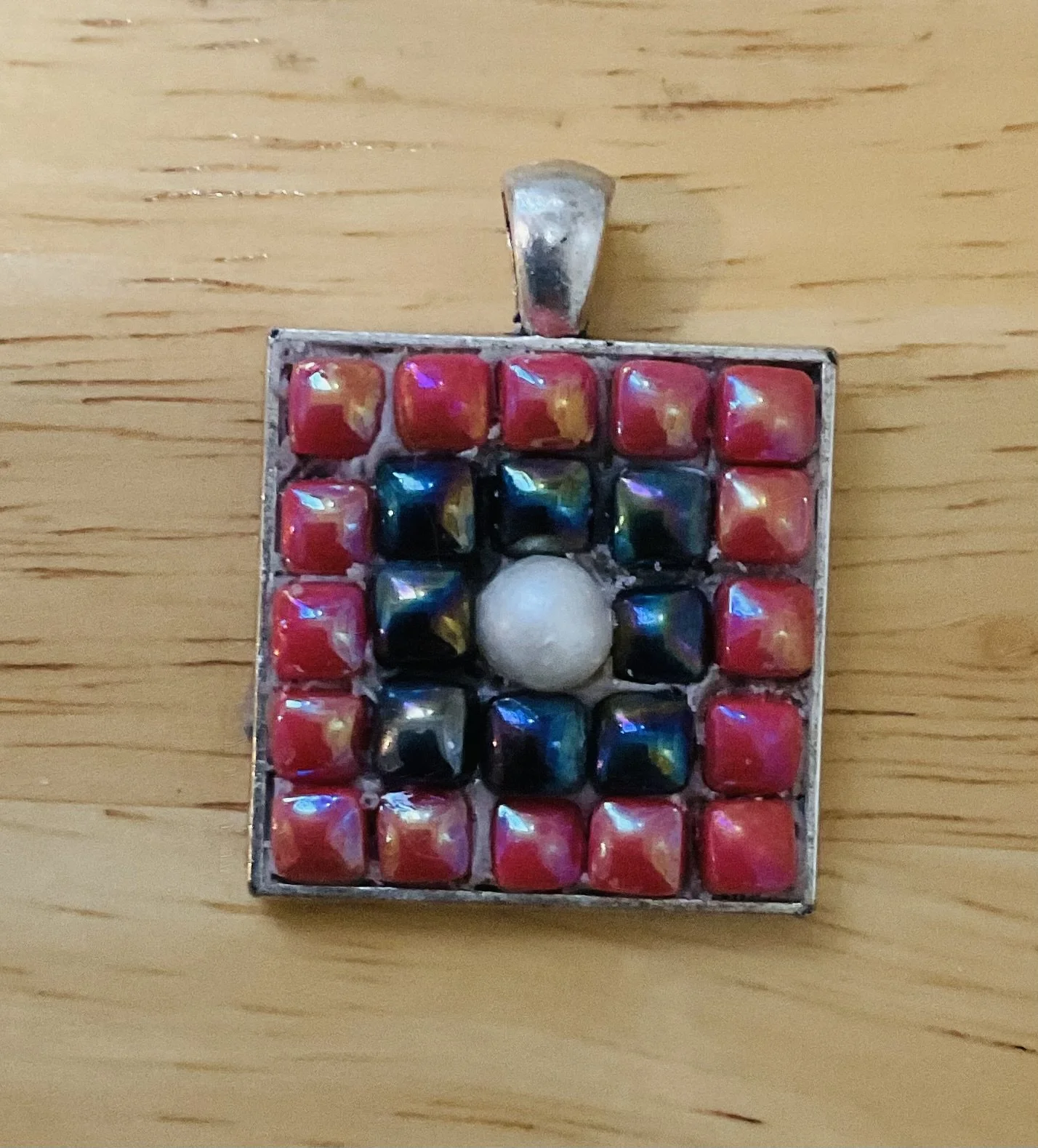 Silver plated pendent 40mm square small mosaic tiles and a pearl
