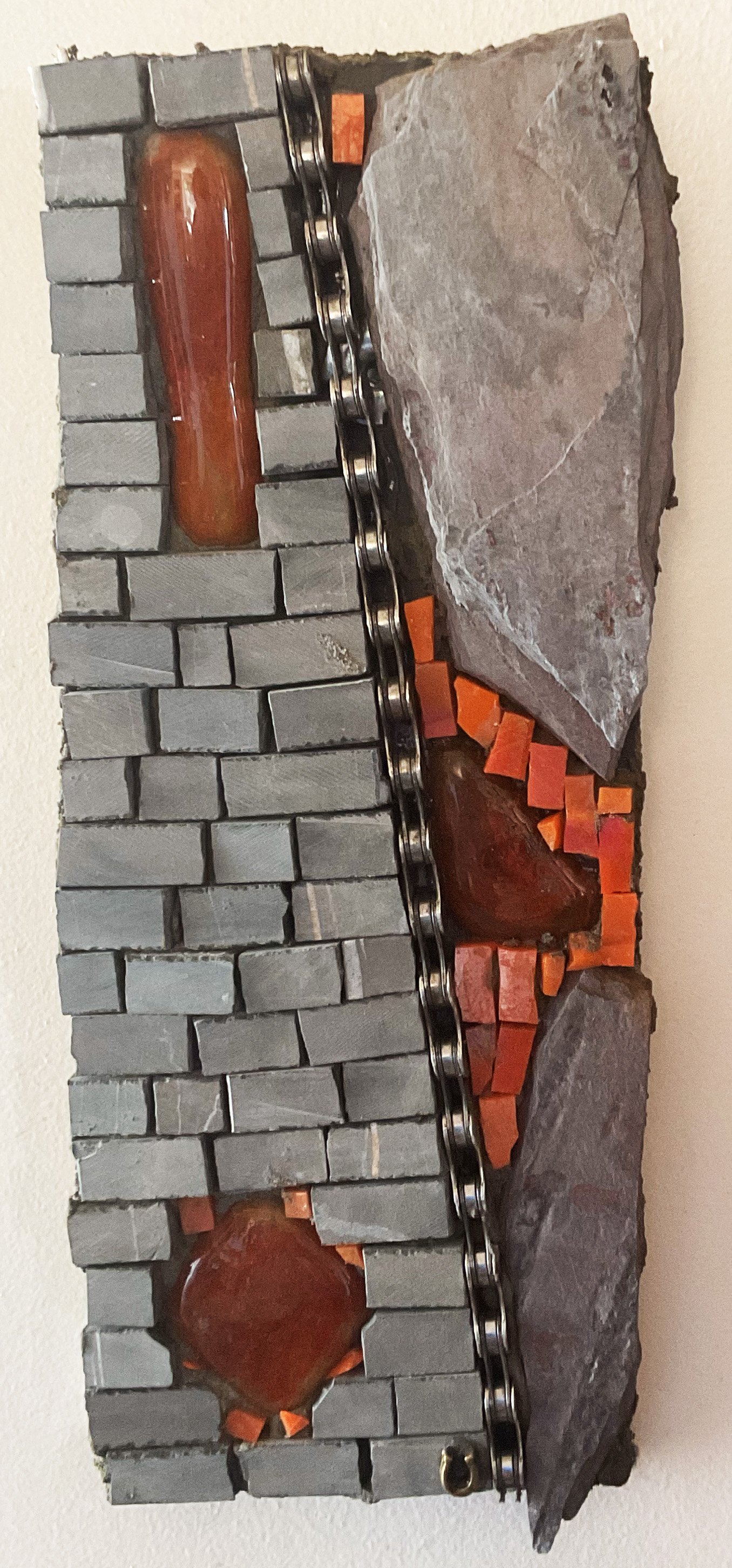 Long way to go | fused glass, smalti and bicycle chain | 10”x4”