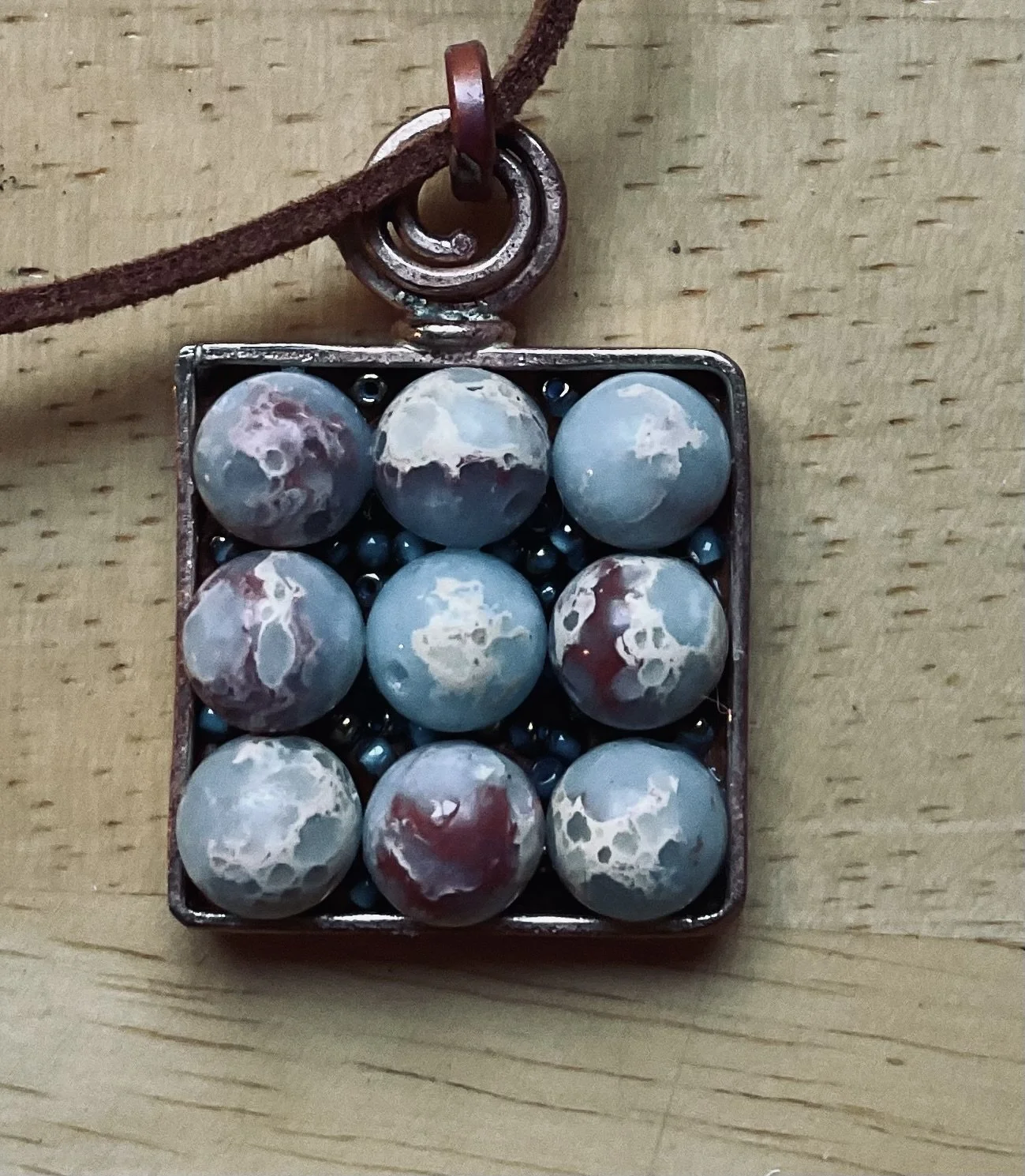 Copper pendent 28mm square with natural shoushan beads private commission 