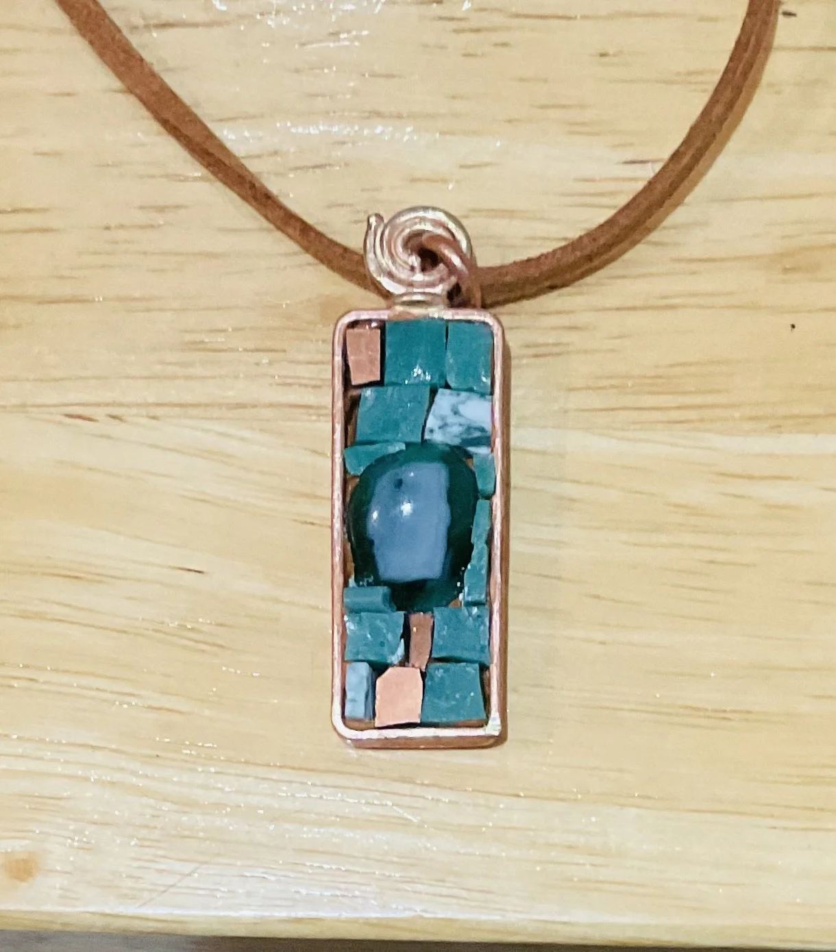 Copper pendent40x12mm filed with fused glass and mixed smalti. For sale