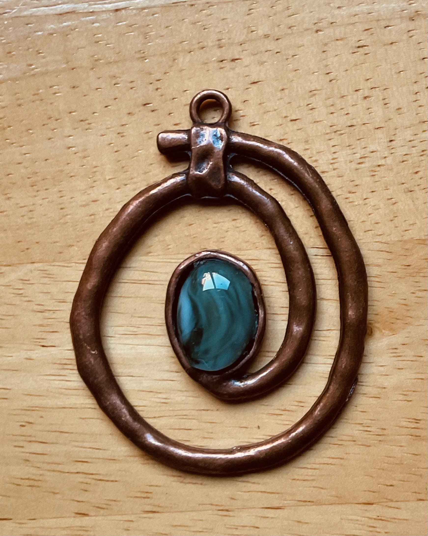 Copper pendant 70mm long filled with fused glass pebble