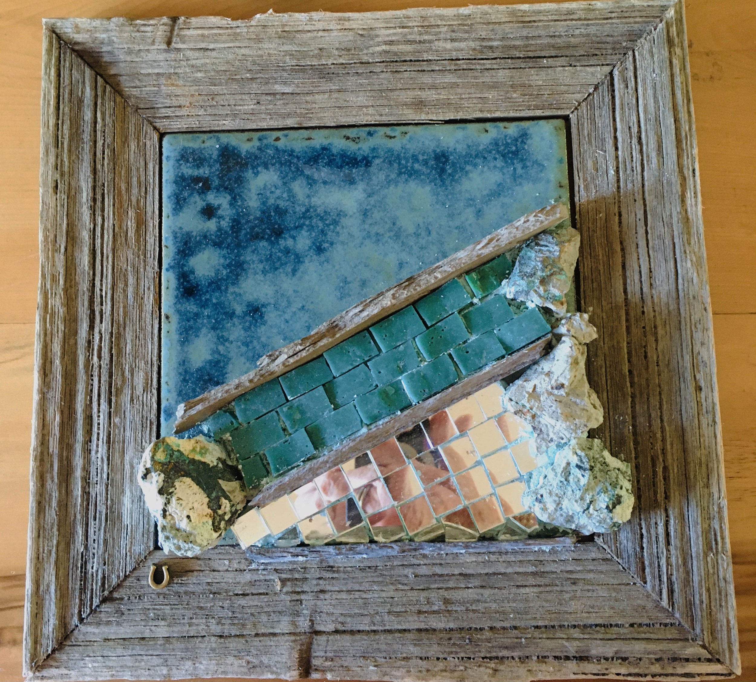 Abstract ideas | smalti, rocks and mirror tiles on tile | 9.5”x9.5” |