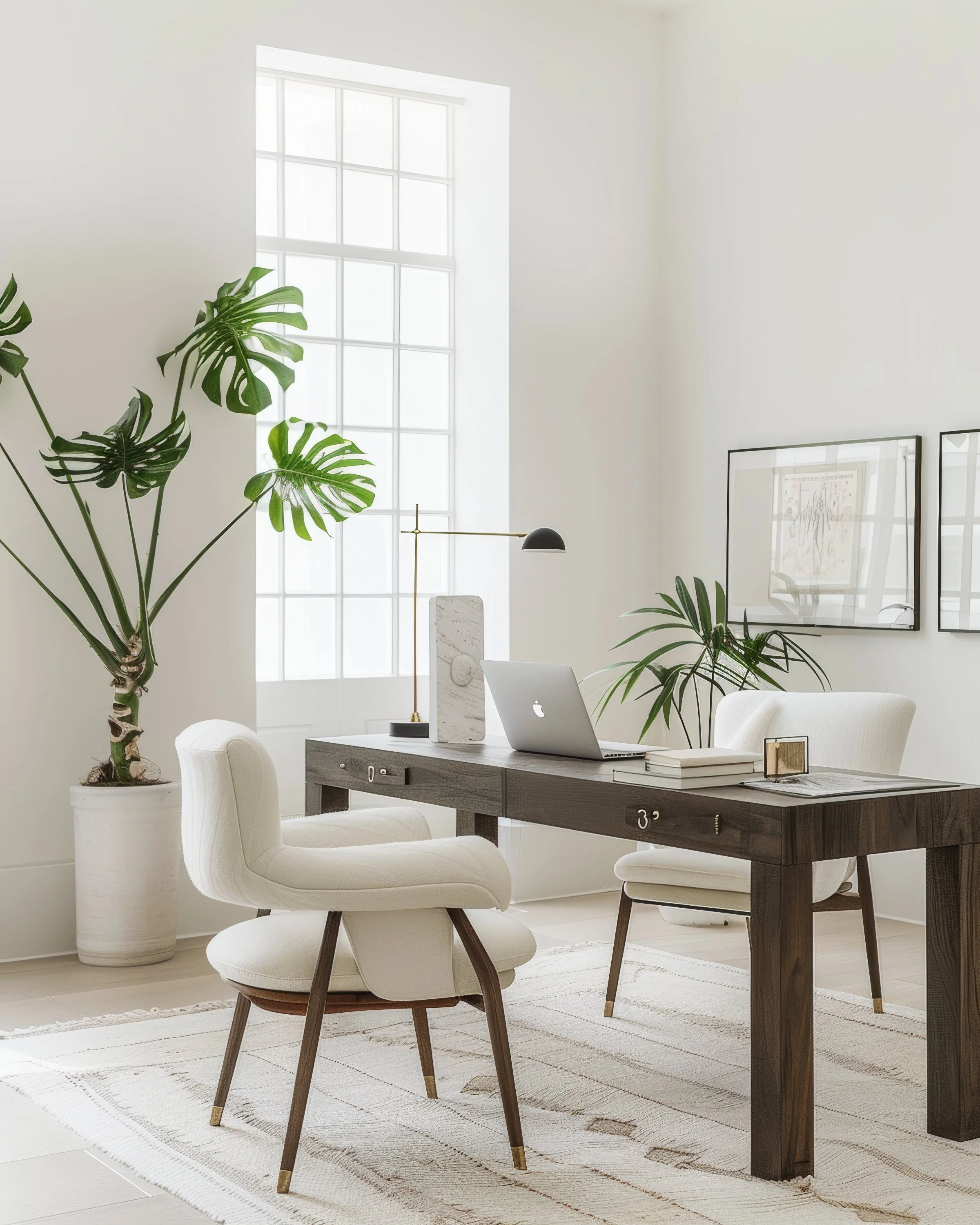 Minimalist office with wooden desk, white chairs, indoor plants, and large window