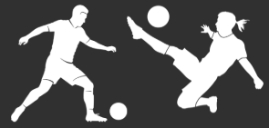 Silhouettes of a boy playing soccer and a girl playing goalie.