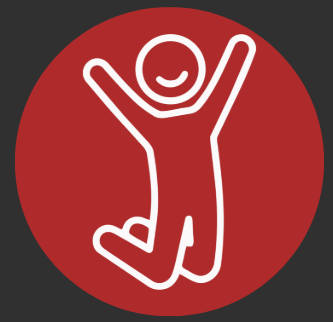 A line drawing of a person jumping with arms raised inside a red circle.