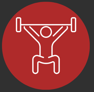Outline of a person lifting a barbell overhead against a red circular background.