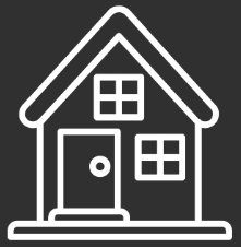 Simple black and white illustration of a house with a door and two windows.