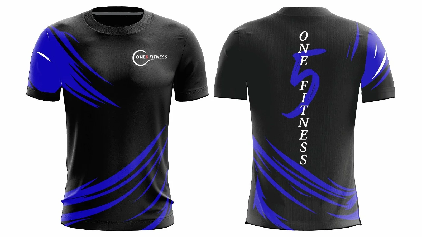 Black athletic t-shirt with blue and white graphic design, featuring a small logo on the front left and the words 'ONE FITNESS' on the back.