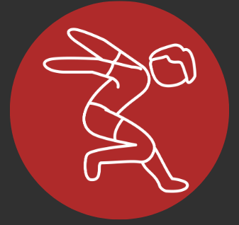 Line drawing of a person crouching with hands near the face, against a red circular background.