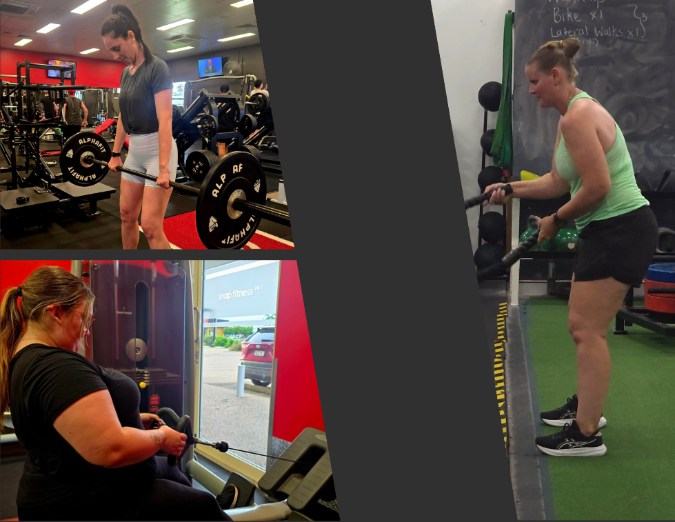 Three women working out at different gyms: one lifting a barbell, another doing a seated cable row, and the third using battle ropes.